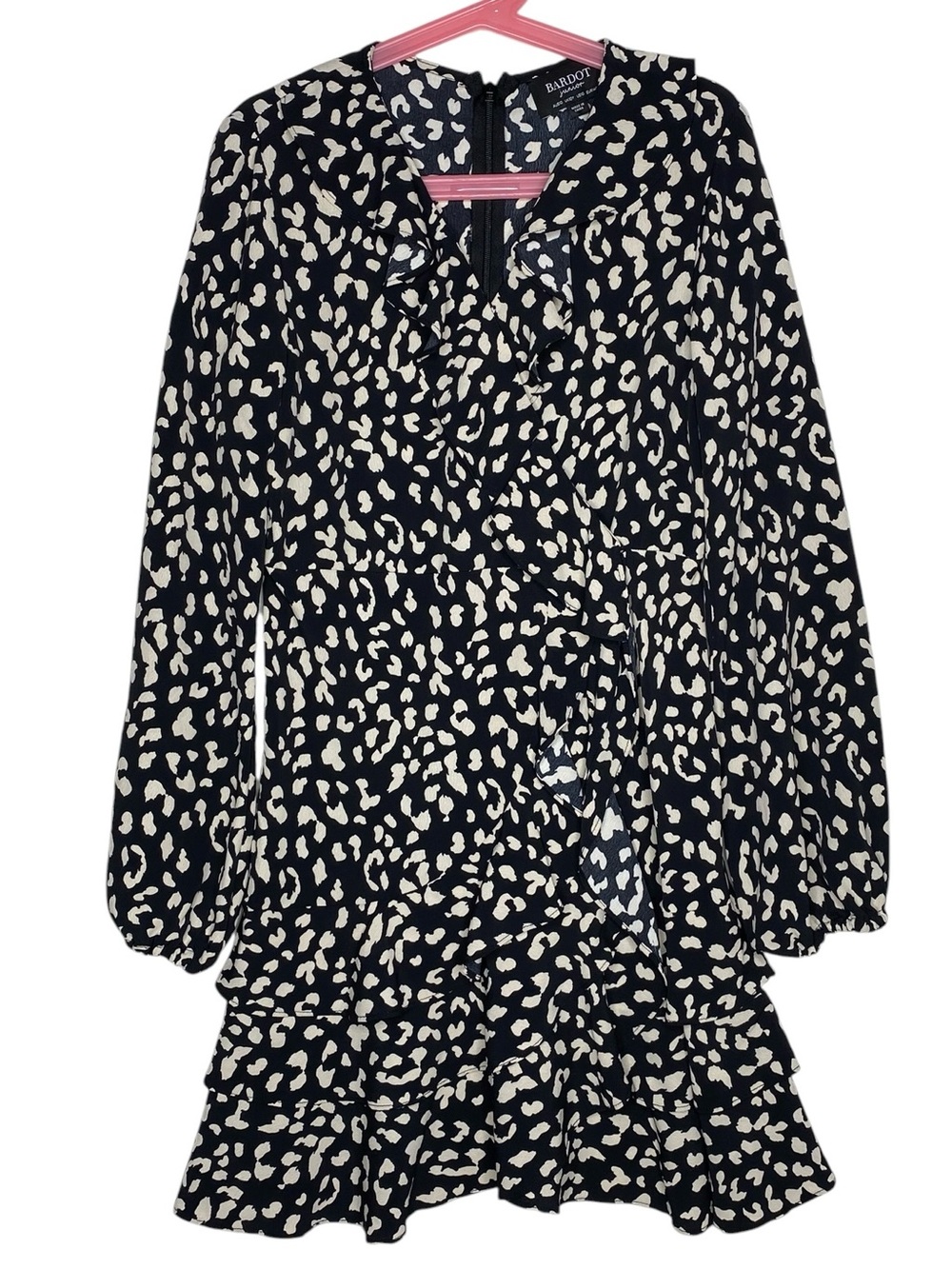 Bardot Junior Black Leopard Animal Print Faux Wrap Ruffle Dress size 10
